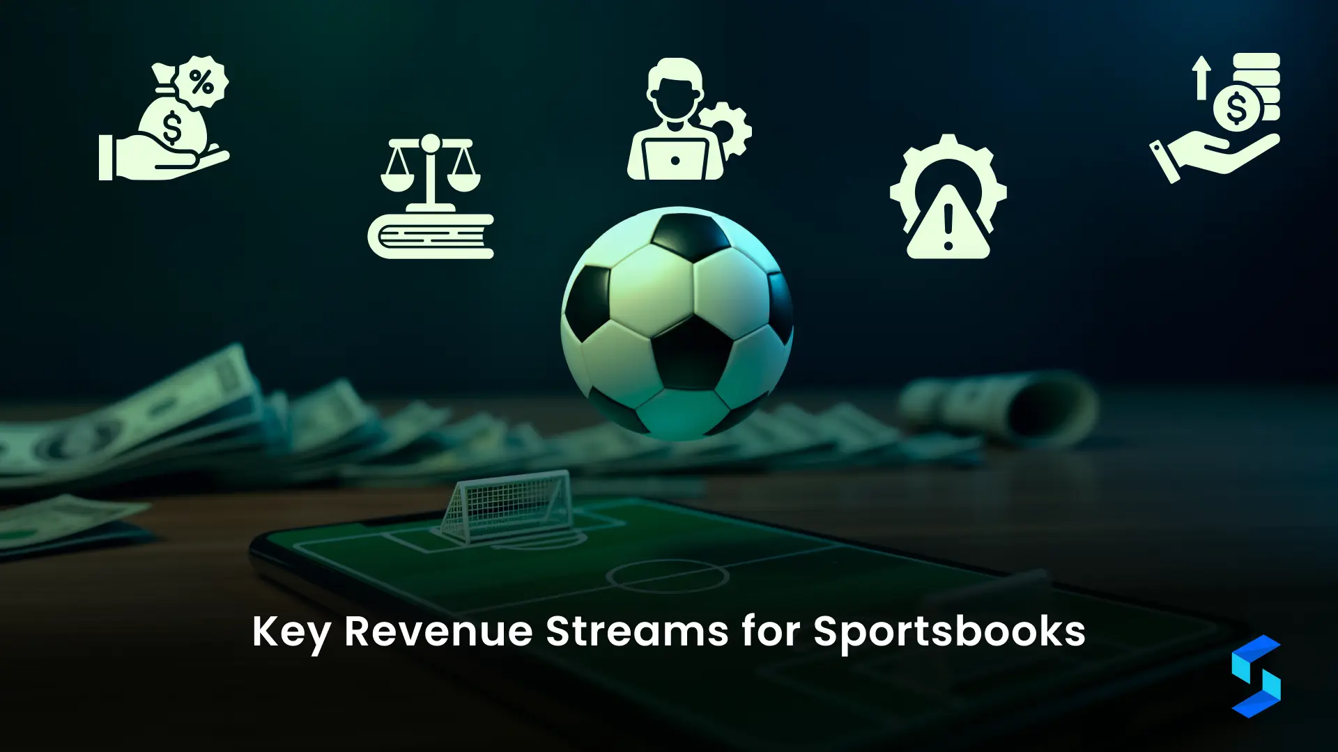 Key sportsbook revenue streams including vig commission, liability management, risk trading teams, and player account management