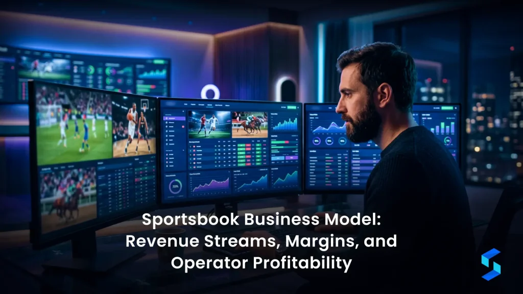 Diagram of the sportsbook business model showing revenue streams, margin structure, and profitability drivers for online betting operators in 2026