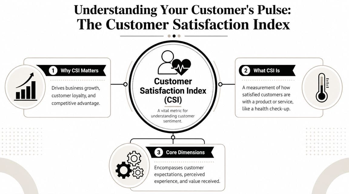 An infographic titled Understanding Your Customer's Pulse explaining the importance and core components of the Customer Satisfaction Index.