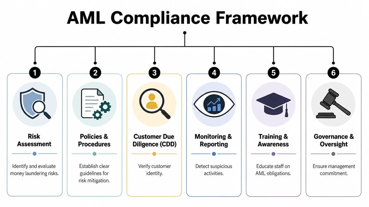 A diagram illustrating the six key components of an AML compliance framework for financial institutions.
