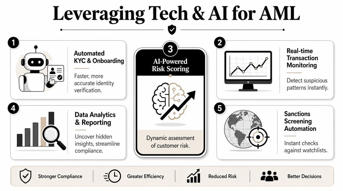 A diagram illustrating five key ways technology and AI are used to improve anti-money laundering processes.