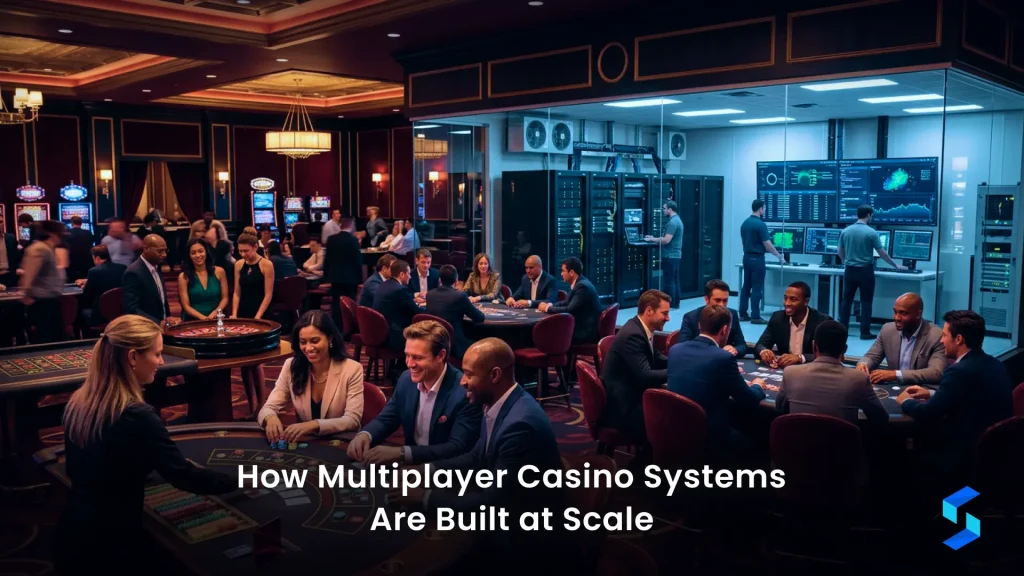 Architecture diagram of multiplayer casino system design showing real-time state management, WebSocket connections, and anti-collusion layers for iGaming platforms
