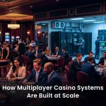 Architecture diagram of multiplayer casino system design showing real-time state management, WebSocket connections, and anti-collusion layers for iGaming platforms