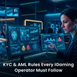 KYC and AML compliance framework diagram for iGaming operators showing verification triggers, transaction monitoring, and regulatory reporting in 2026