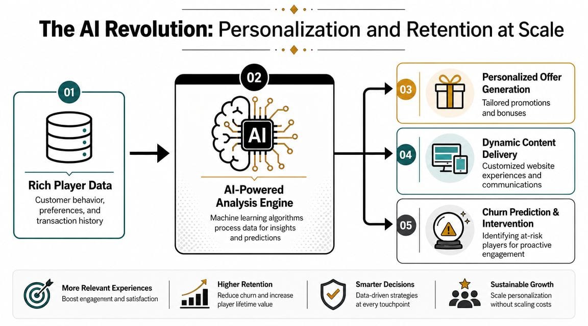An infographic illustrating how AI-powered analysis engines process player data to drive casino personalization and retention.