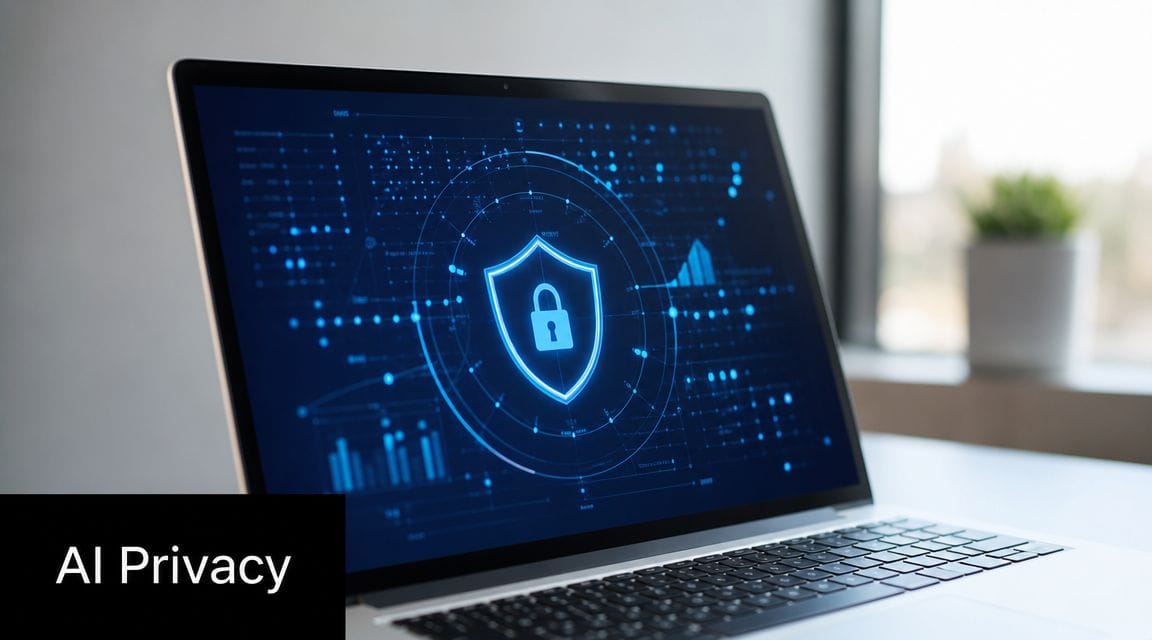A laptop on a desk showing a glowing digital security shield icon for AI privacy concept.