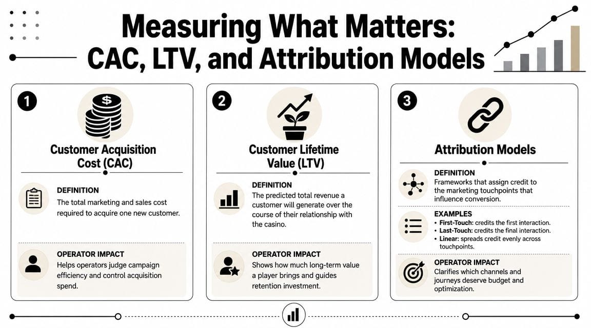 An infographic titled Measuring What Matters explaining Customer Acquisition Cost, Customer Lifetime Value, and marketing attribution models.