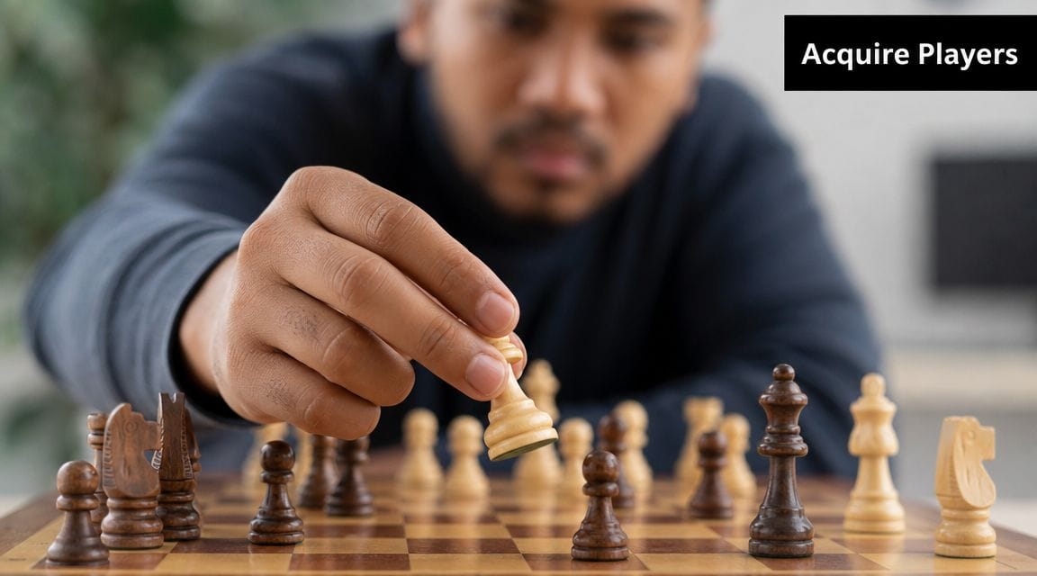 A close-up of a person's hand strategically placing a white chess piece on a wooden board.