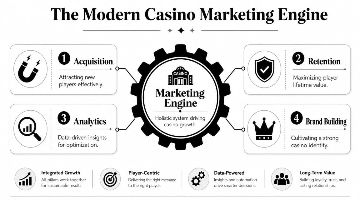 A diagram illustrating the four pillars of a modern casino marketing engine: acquisition, retention, analytics, and branding.