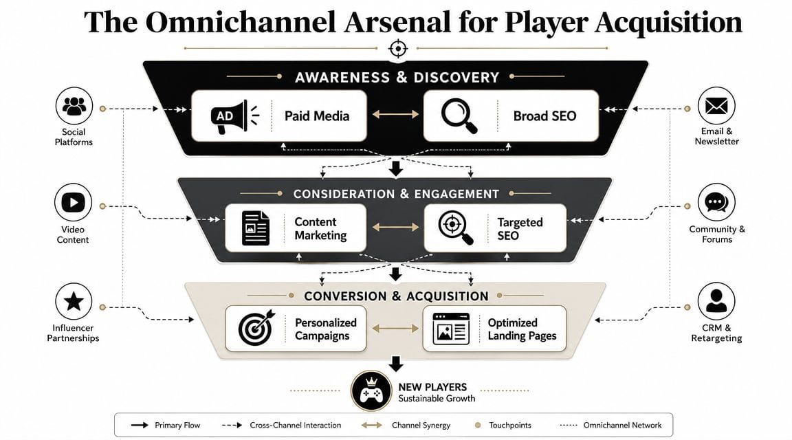 A funnel diagram illustrating the omnichannel marketing strategy used for acquiring new players in the gaming industry.
