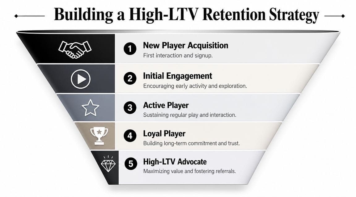 A funnel diagram illustrating a five-step high-LTV retention strategy for growing and maintaining player loyalty.