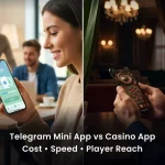 Side-by-side comparison of Telegram Mini App casino and traditional native casino app showing cost, speed, and player reach metrics for iGaming operators
