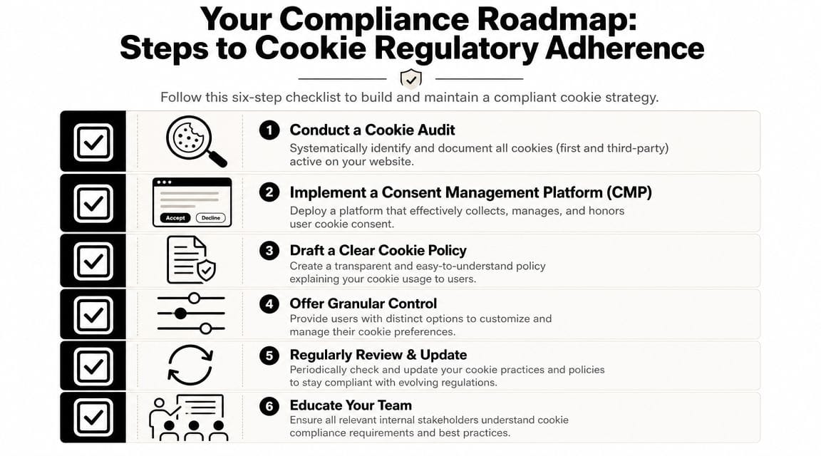A six-step checklist roadmap for building and maintaining a compliant cookie strategy for website regulation adherence.