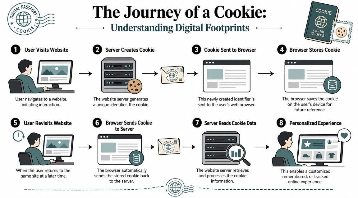 An infographic illustrating the step-by-step process of how a website creates, stores, and uses cookies.