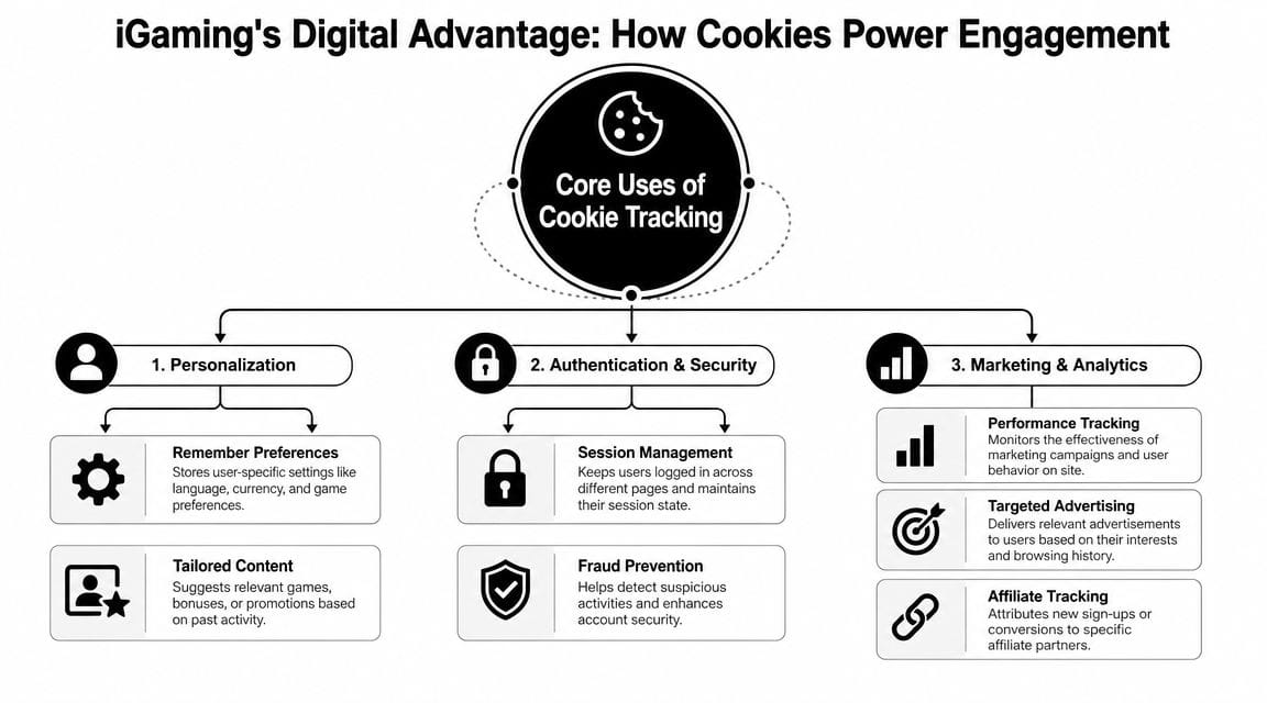 An infographic titled iGaming's Digital Advantage showing how cookies power user personalization, security, and marketing analytics.