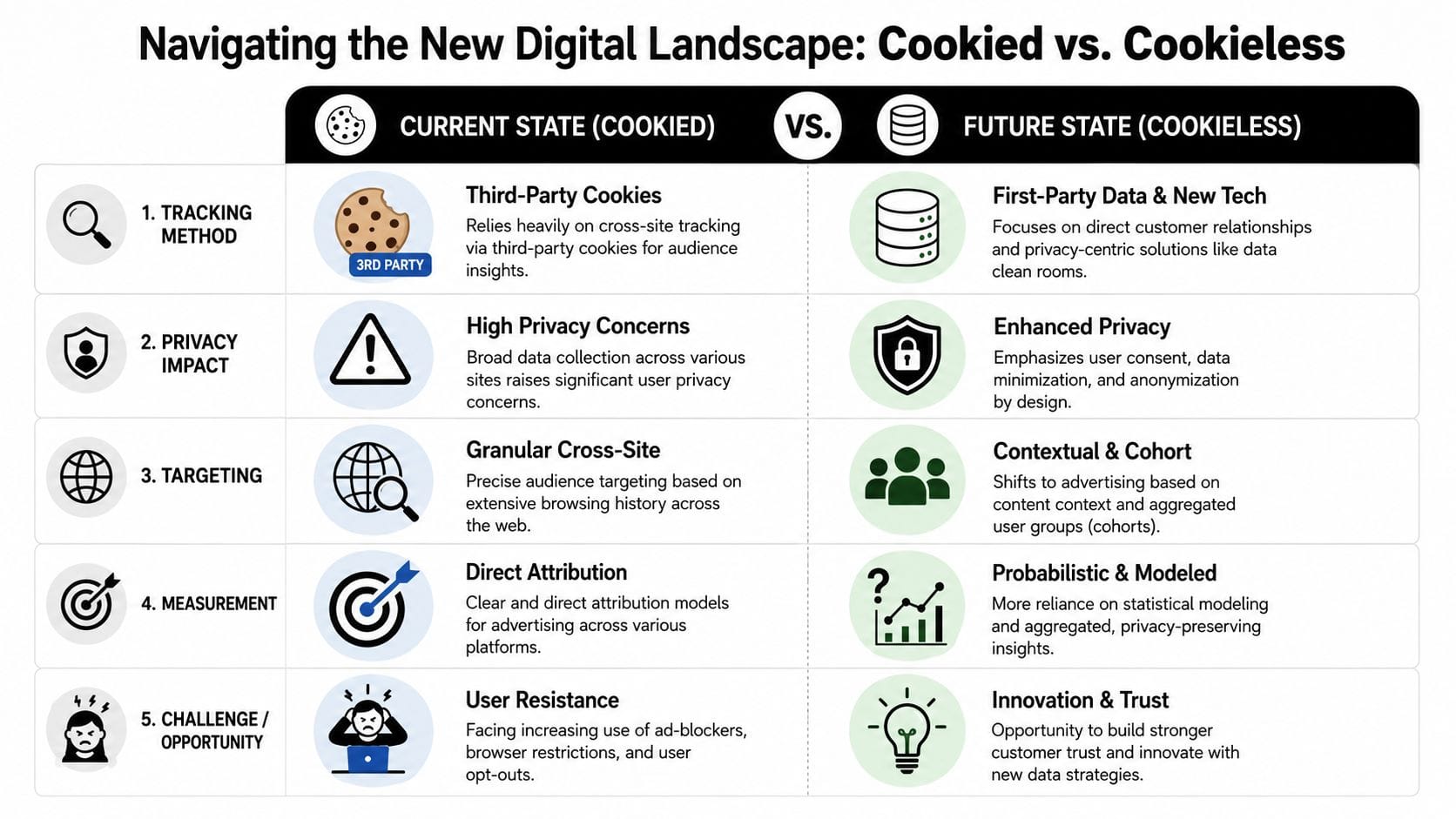 A comparison chart showing differences between cookied third-party tracking and the future cookieless digital landscape.