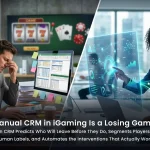 AI-driven CRM architecture for iGaming showing churn prediction model, player segmentation engine, and lifecycle automation workflow for online casino and sportsbook operators