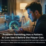 AI responsible gambling system diagram showing behavioural signal detection, risk scoring, and automated intervention workflow for online casino and sportsbook platforms