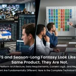 Comparison diagram of daily fantasy sports (DFS) vs season-long fantasy platforms showing contest cycle, scoring frequency, data requirements, and technical architecture differences