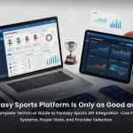 Fantasy sports API integration diagram showing live data feed ingestion, scoring engine, player stats processing, and provider connection architecture for platform developers