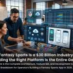 Fantasy sports app architecture diagram showing draft engine, scoring system, live stats feed, and contest management for operators building a fantasy sports platform in 2026