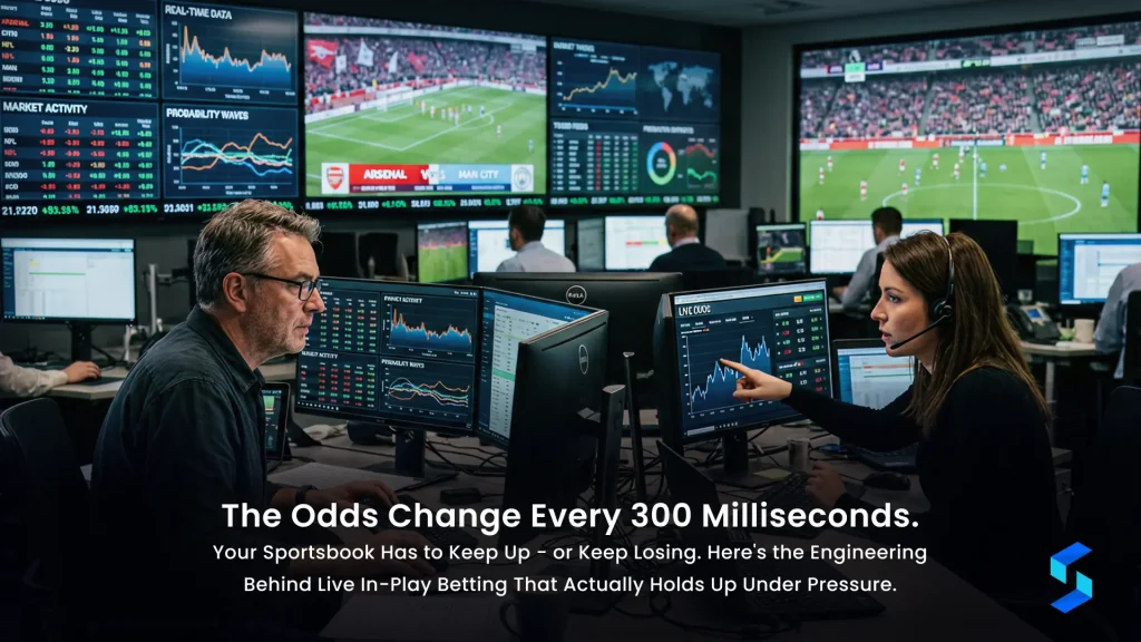 Architecture diagram of a live in-play odds engine showing feed ingestion, pricing, suspension logic, and bet acceptance flow for sportsbook operators