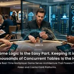Real-time multiplayer game server architecture diagram for poker and casino card games -showing table server cluster, WebSocket gateway, state synchronisation, and lobby server comsponent
