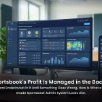 Sportsbook back-office dashboard showing live liability view, player management panel, and compliance reporting module for iGaming operators