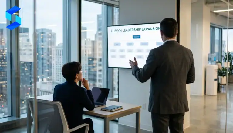 Business professionals in a modern office during a presentation.
