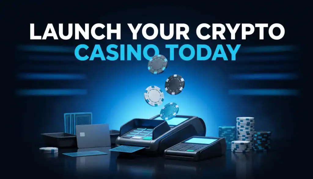 Crypto casino launch with chips, laptops, and digital coins.