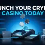 Crypto casino launch with chips, laptops, and digital coins.