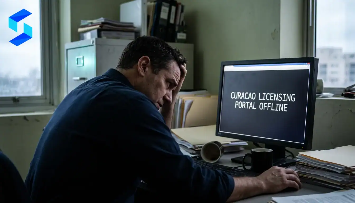 Man working at desk with computer displaying 'Curacao Licensing Portal Offline'.