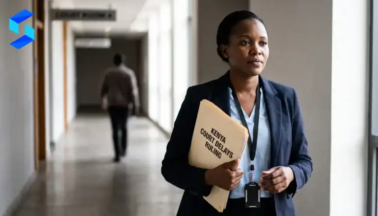 Businesswoman holding legal document in office corridor.
