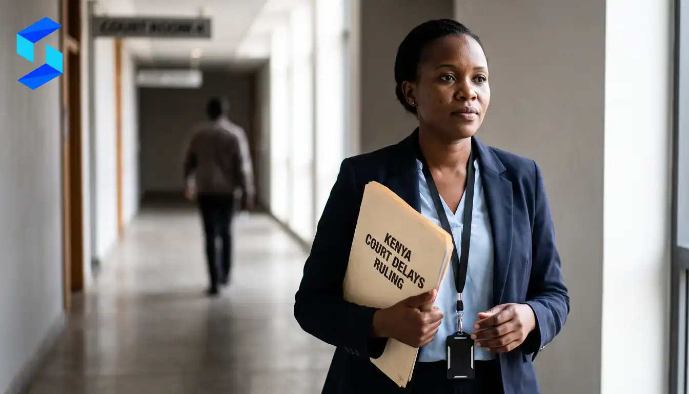 Businesswoman holding legal document in office corridor.