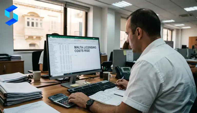 Man working on computer with data and documents in an office setting.