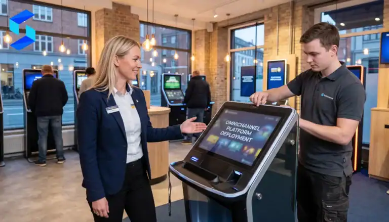 Young woman and technician interacting with a digital kiosk at Source Code Lab.