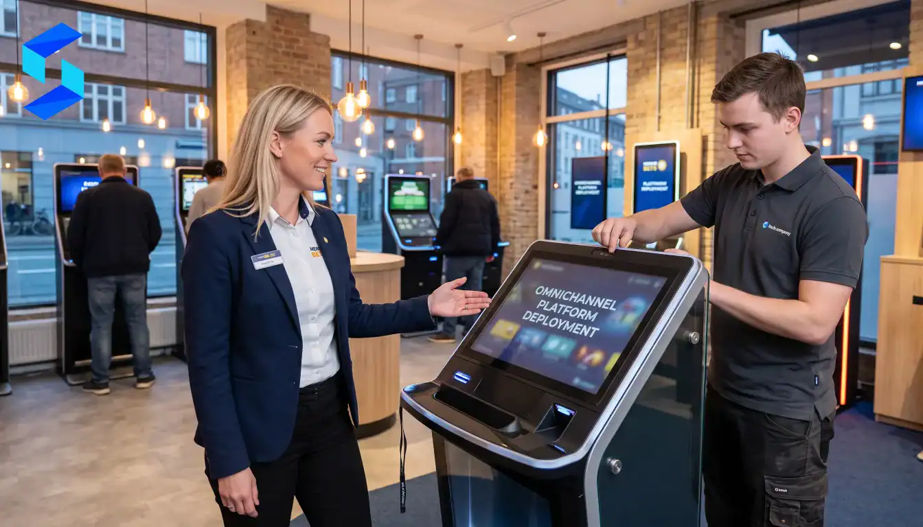 Young woman and technician interacting with a digital kiosk at Source Code Lab.