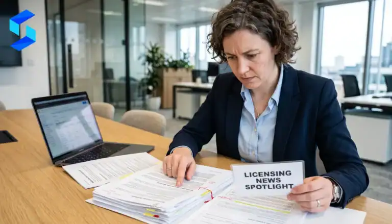 Focused woman reviewing documents at Source Code Lab office.