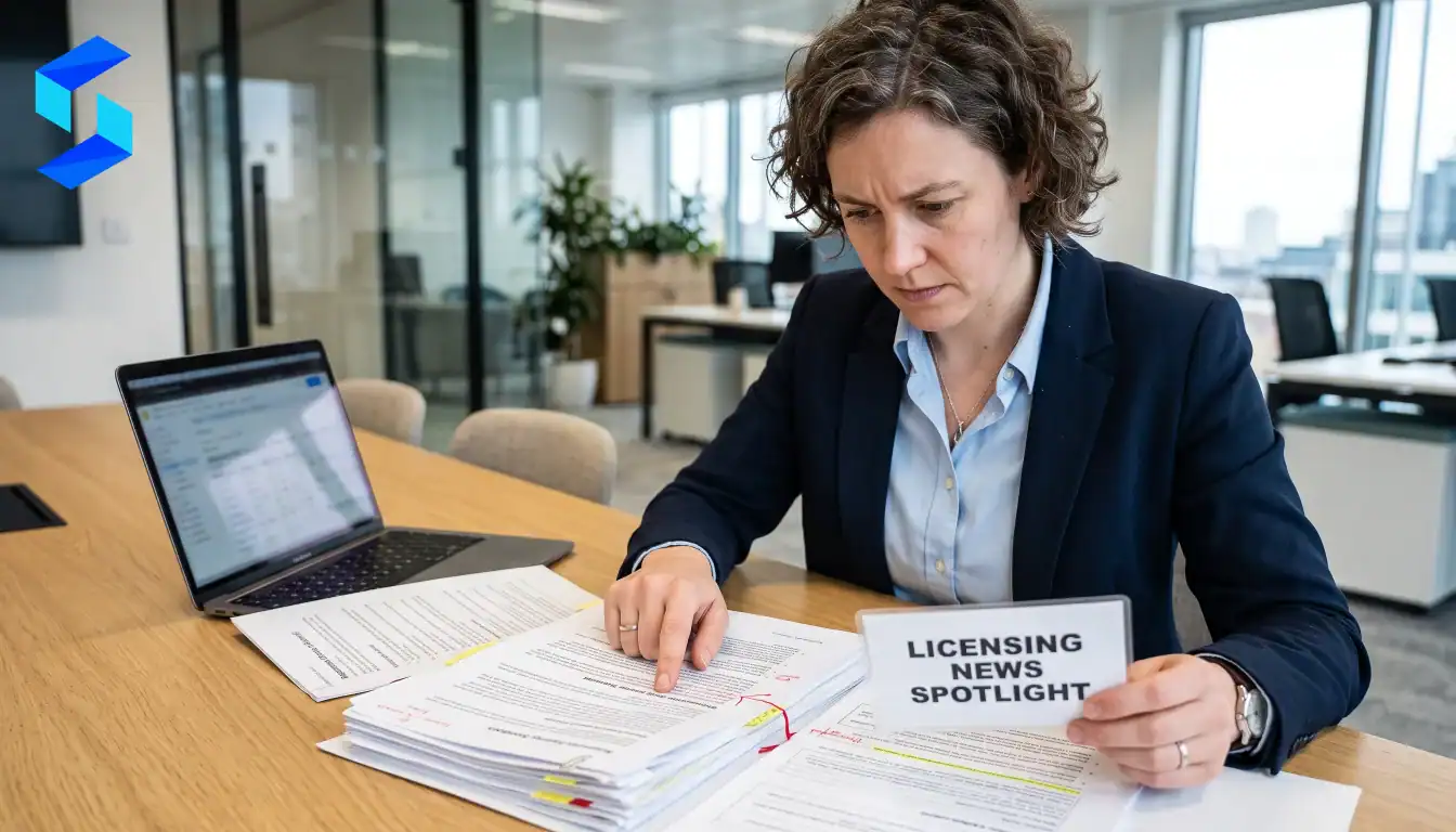 Focused woman reviewing documents at Source Code Lab office.