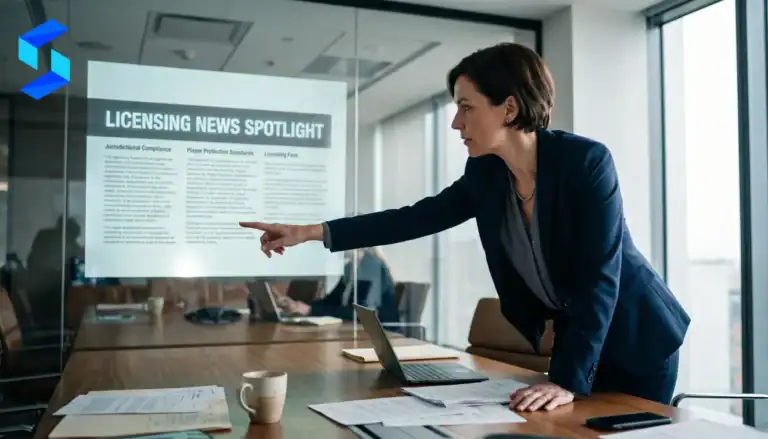 Professional woman pointing at licensing news on digital screen in office.