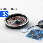 The image displays a roulette wheel, a gaming mouse, a glowing map of a game world, and a device resembling a bomb with a