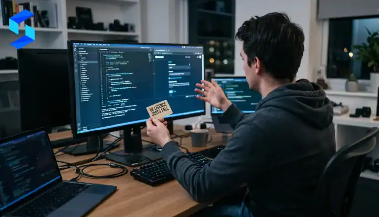 Person coding on dual monitors in a modern office environment.