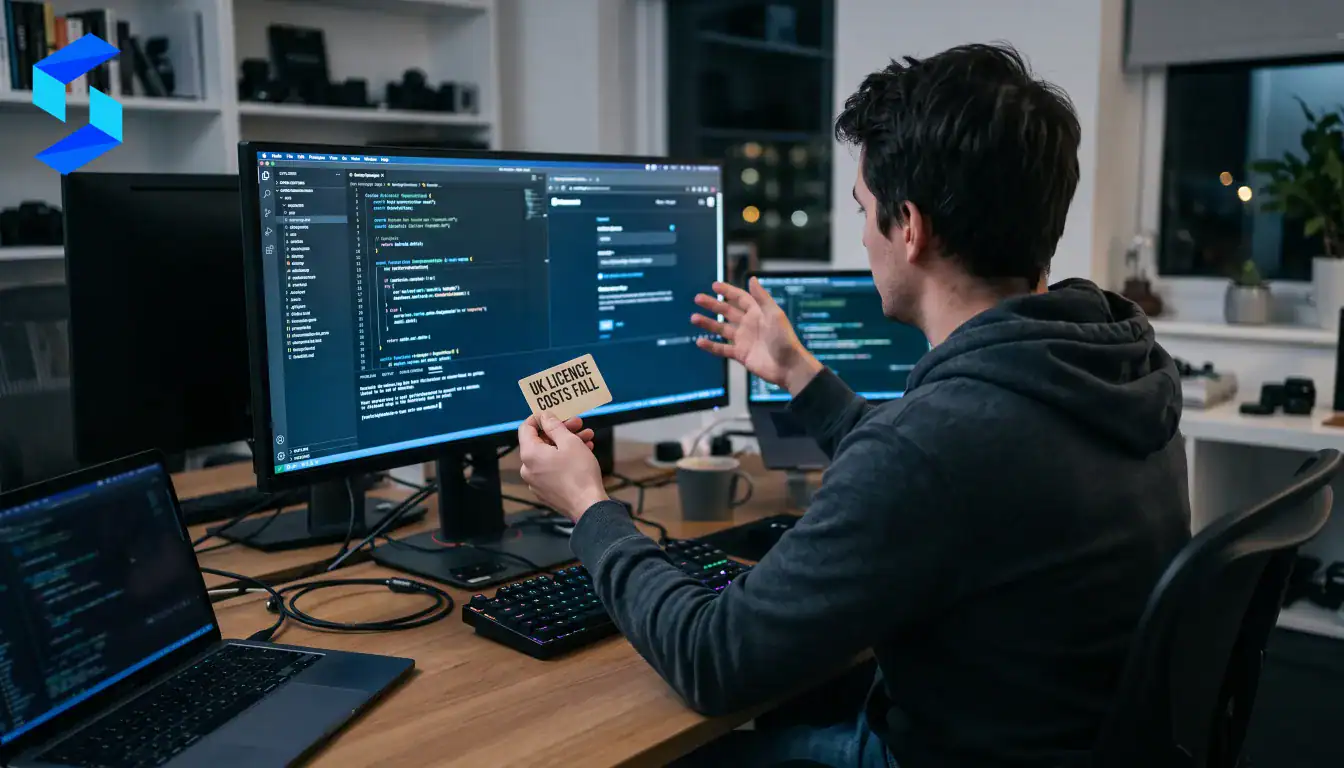 Person coding on dual monitors in a modern office environment.